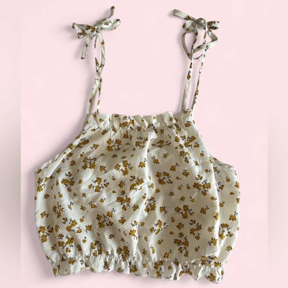 Floral Tie-Strap Crop Top - White with Mustard Floral